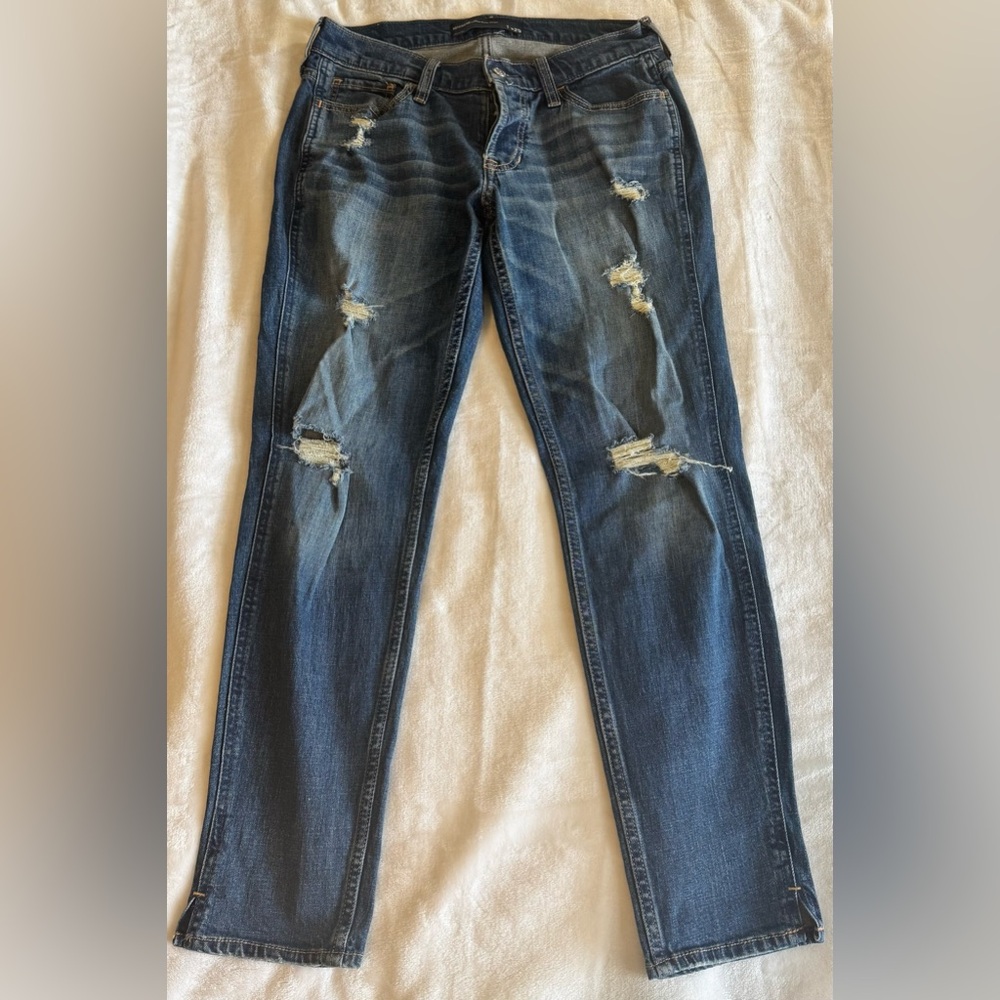 Hollister Crop Button Up Dark Blue Distressed Boyfriend Jeans Size 1